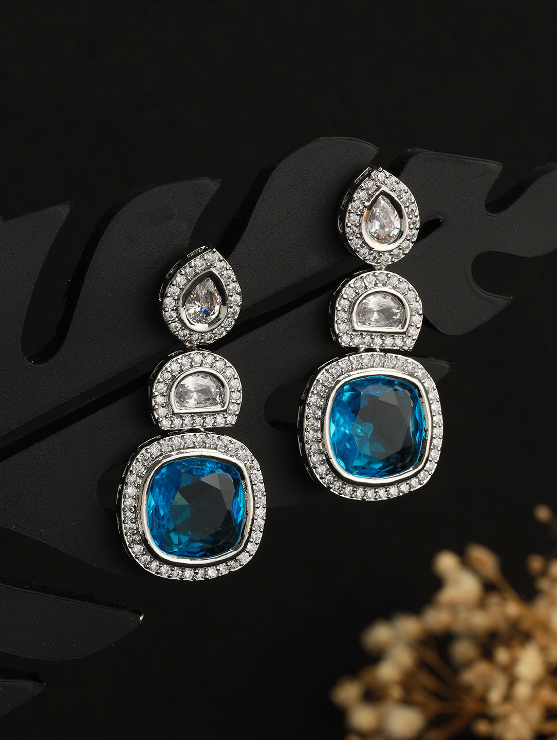 Silver Toned Blue Turquoise CZ Statement Drop earrings